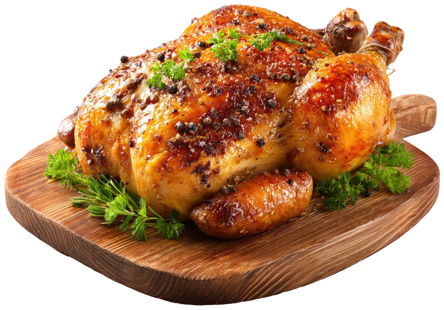 Frango assado dourado sobre tábua de madeira